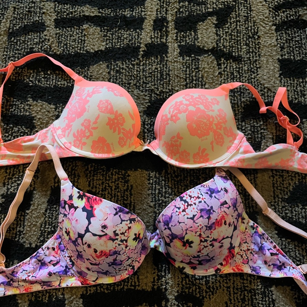34C PINK Floral Print Women's Bras - Pink and Purple